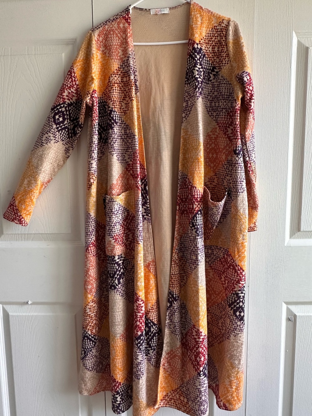 LuLaRoe Sarah Open-Front Long Line Duster Cardigan Geometric Patchwork Pattern